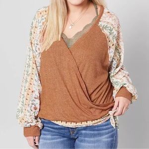 Blu Pepper Surplice Floral Linen Blend Boho Long Sleeve Faux Wrap Top 2XL